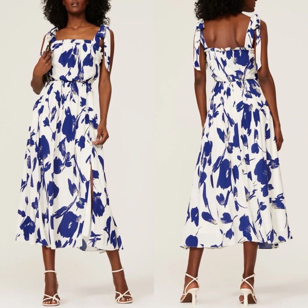 JASON WU Dress Womens 10 Blue Floral Tie Strap Midi Viscose Blend Chiffon